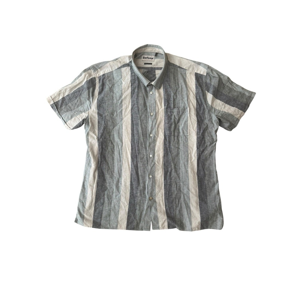 Barbour Linen Blend Mens XXL Blue Gray Striped Regular Fit Short Sleeve